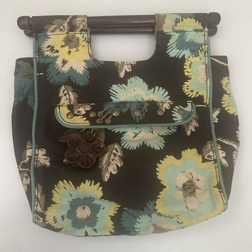 Gap Bag Womens  Retro Floral Tropical Canvas Wooden Handle Clutch Vintage Small